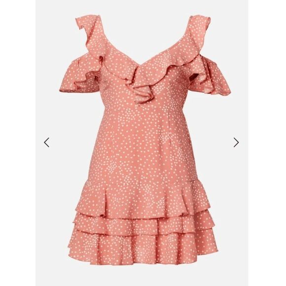 JustFab NWT Cold Shoulder Polka Dot Dress in Pink White, Sz Small - Picture 1 of 12